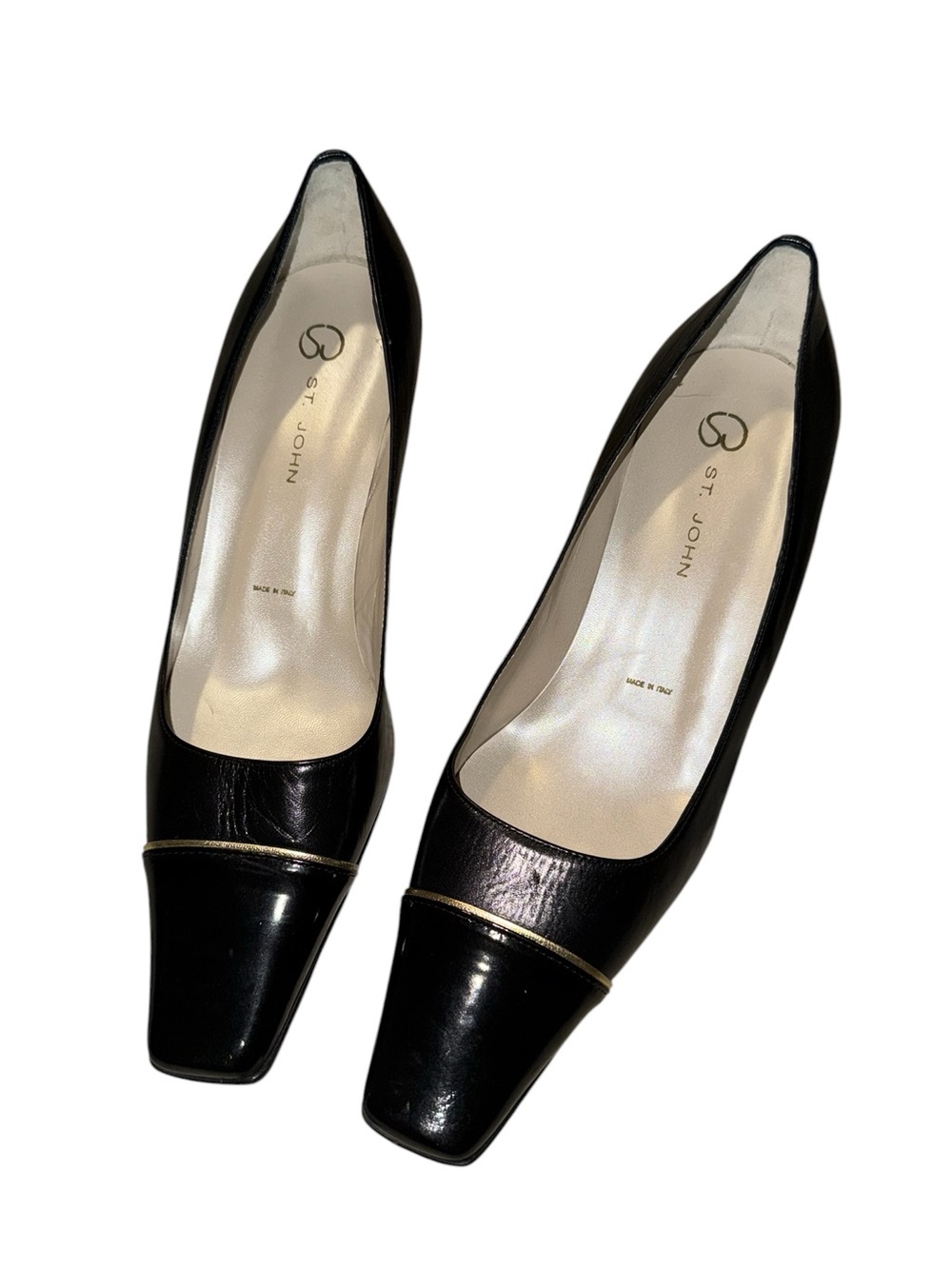 St. John New! Black Leather patent Square-Toe Pumps with Gold Trim, block heel